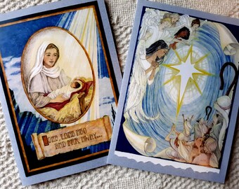 Set of two religious Christmas Greeting Cards, Mary and the Christ Child, Prayer of Men and Angels, Original Art Cards, Original Poetry