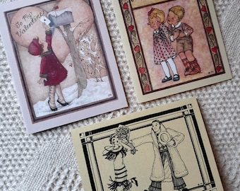 Set of three Valentine Cards, Original Art,  Vintage Style, Flapper Gal and Guy Card for Valentine, Wedding, or Anniversary