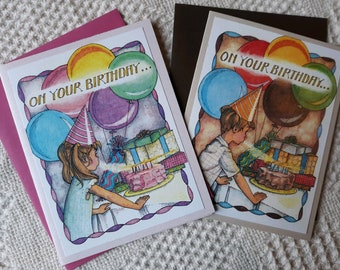 Set of Two Children's Birthday Cards,  Girl and, Boy, Original Art