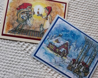 Set of two Nordic Christmas Cards, Gnomes, Scandinavian Boy, Original Art, Whimsical Holiday Magic