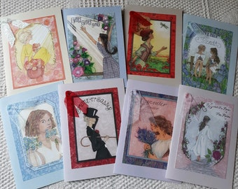 Set of Blank Cards featuring Girls and Flowers, All Occasion, Embellished Original Art