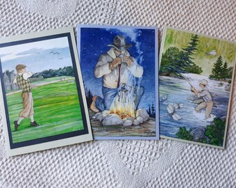 All Occasion Cards for Men, Birthday, Father's Day, Original Art, Cowboy Campfire,  Golf, Fly Fishing