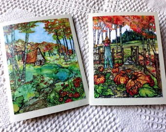 Set Of Autumn Cards, Autumn Cottage, Scarecrow and Pumpkin Patch, Original Alcohol Ink Art