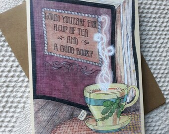Book Lover's Card, Tea and Bookmark Gift, Book Accessory, Original Art, Wise Advice