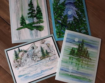 Set of 4 Blank Alcohol Ink Cards, Trees, Water, Sky, Impressionistic Original Art