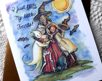 Halloween Greeting Card, Halloween Treats, Whimsical Witch,  Original Watercolor Art
