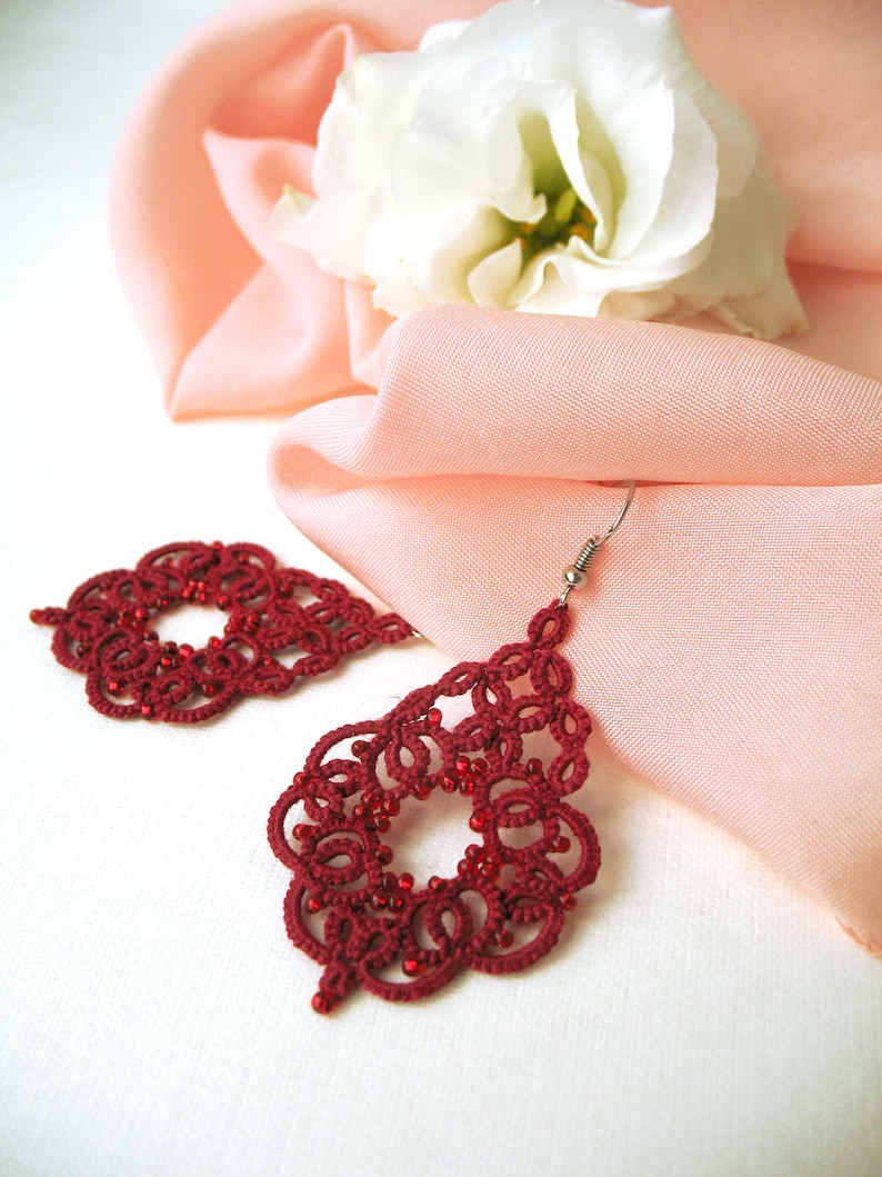 Lovely tatting lace earrings Cute wine red earrings Coworker gift for woman Boho chic jewelry Beautiful bridesmaid jewelry Drop earrings