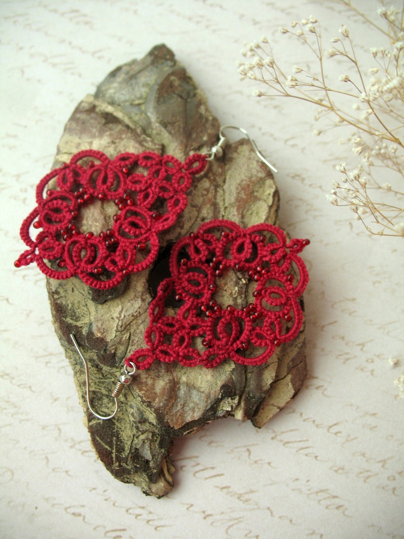 Lovely tatting lace earrings Cute wine red earrings Coworker gift for woman Boho chic jewelry Beautiful bridesmaid jewelry Drop earrings