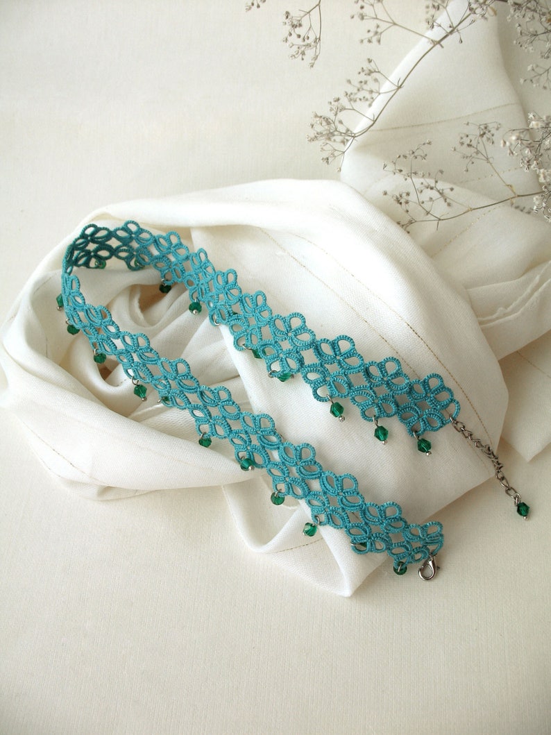 Tatting lace jewelry set Teal accessories Boho lace choker and Etsy