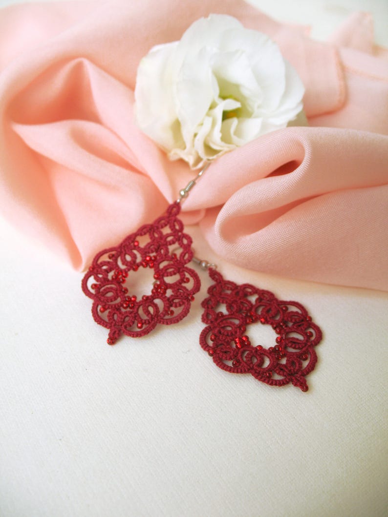 Lovely tatting lace earrings Cute wine red earrings Coworker gift for woman Boho chic jewelry Beautiful bridesmaid jewelry Drop earrings