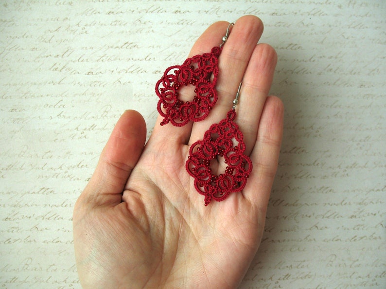 Lovely tatting lace earrings Cute wine red earrings Coworker gift for woman Boho chic jewelry Beautiful bridesmaid jewelry Drop earrings