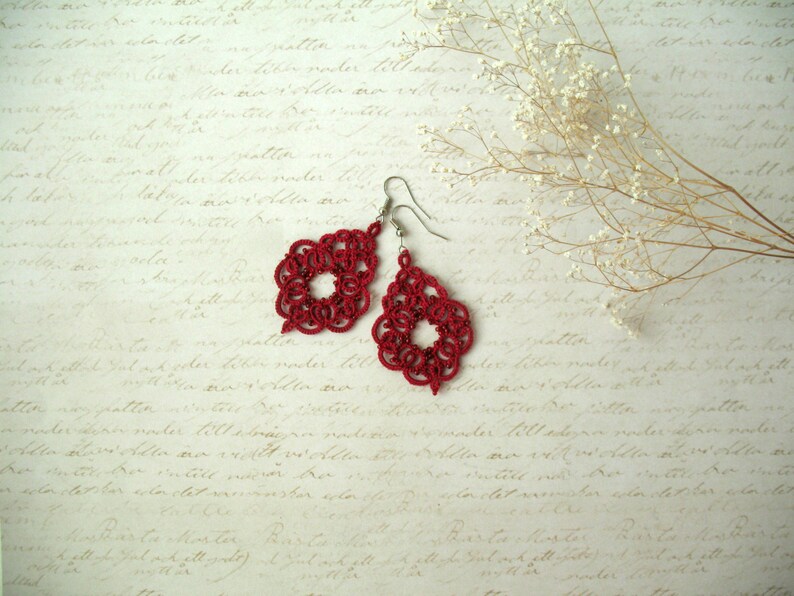 Lovely tatting lace earrings Cute wine red earrings Coworker gift for woman Boho chic jewelry Beautiful bridesmaid jewelry Drop earrings