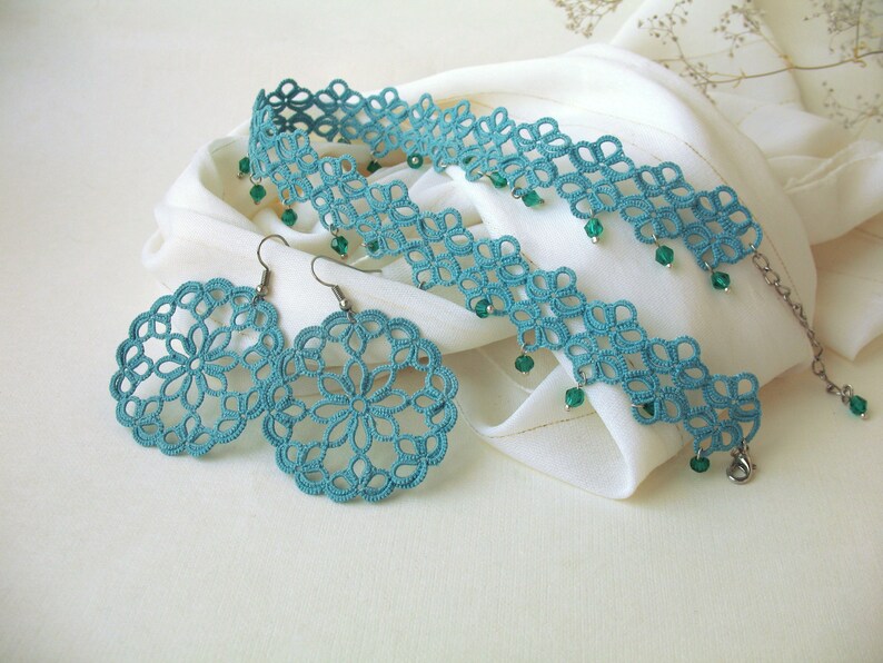 Tatting lace jewelry set Teal accessories Boho lace choker and Etsy