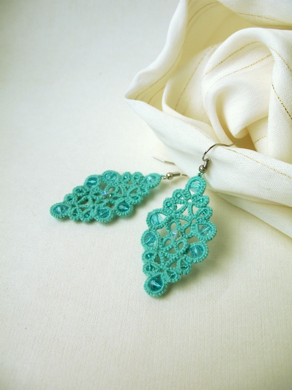 Colorful Jewelry Lace Earrings Bohemian Earrings Chandelier Earrings Boho Earrings Flower Earrings Tatted Mint Statement Earrings