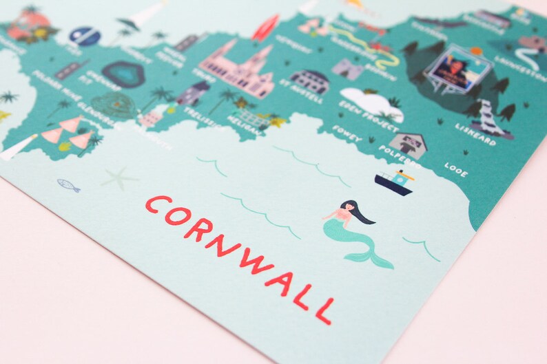 A4 Illustrated Map of Cornwall Art Print Seascape | Etsy