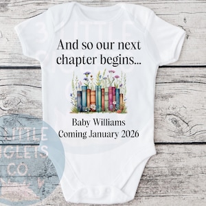 Book Pregnancy Announcement And So Our Next Chapter Begins Book Lovers Baby Announcement Bookish Baby Coming Soon Floral Book Baby Onesie®