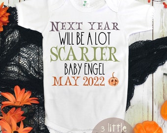 Next Year Will Be A Lot Scarier, Halloween Pregnancy Announcement Onesie®, Halloween Baby Reveal, Baby Announcement Onesie®