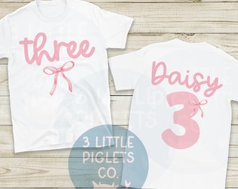 Personalized 3rd Birthday Girl Shirt - Pink Bow 3rd Birthday Shirt THREE Coquette Bow Theme Birthday Tshirt Third Birthday Coquette Birthday