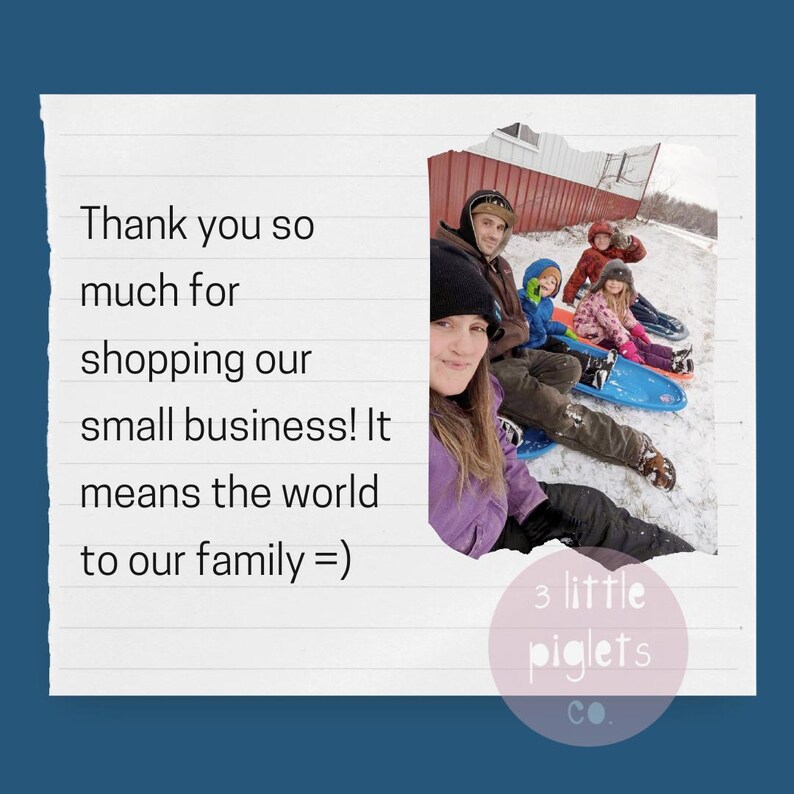 May include: A family poses for a photo in the snow, with a red barn in the background. Text on the left reads, "Thank you so much for shopping our small business! It means the world to our family =)". The logo for "3 little piglets co." is in the bottom right.