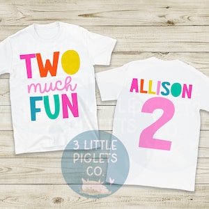 Two Much Fun Girl 2nd Birthday Shirt Colorful Theme Birthday Tshirt Summer Birthday Second Birthday Girl 2nd Birthday Pink Birthday Outfit