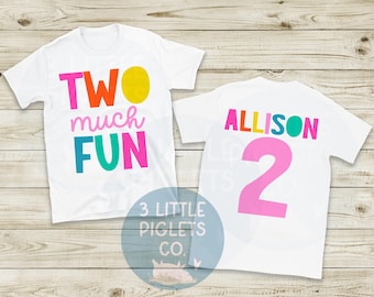 Two Much Fun Girl 2nd Birthday Shirt Colorful Theme Birthday Tshirt Summer Birthday Second Birthday Girl 2nd Birthday Pink Birthday Outfit