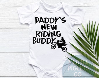 Dirt Bike Baby Onesie®, Daddy's New Riding Buddy, Dirt Bike Dad, Motocross, Father's Day, Gift for Dad to Be, Dirt Bike Pregnancy Reveal