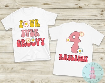 Four Ever Groovy 4th Birthday Shirt - Boho Groovy Birthday Personalized Girls Fourth Birthday Party Outfit Pink Hippie Birthday Girl Tshirt