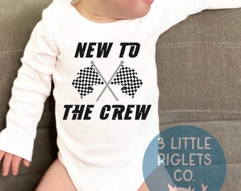 New To the Crew Racing Onesie® Race Season Baby Gift Baby Announcement Outfit Racing Pregnancy Announcement Baby Shower Gift Racing Flag
