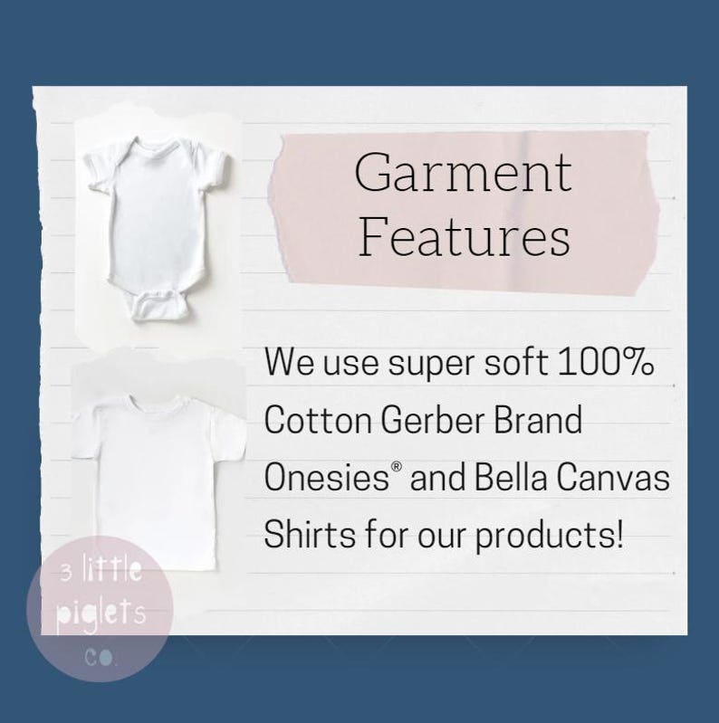 May include: A white onesie and a white t-shirt on a white background. The text reads "Garment Features" and "We use super soft 100% Cotton Gerber Brand Onesies and Bella Canvas Shirts for our products!"