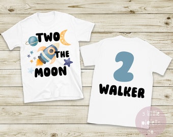 Two the Moon Birthday Shirt, Personalized Space Birthday Shirt, Pink Astronaut Space Birthday, Boy Blue To the Moon Birthday Theme Shirt
