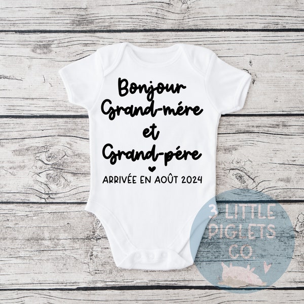 French Pregnancy Announcement Onesie®, Bonjour Grand-Mere et Grand-Pere, French Grandparent Baby Announcement, Family Pregnancy Reveal