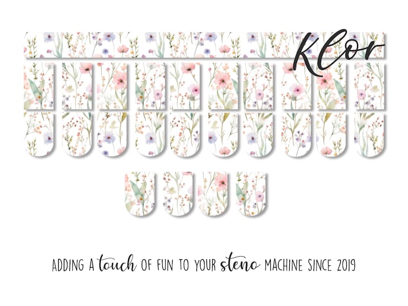 May include: Floral nail art stickers with a watercolor design featuring pink, purple, and green flowers and foliage on a white background. The word "Klor" is written in a cursive font. Text at the bottom reads "Adding a touch of fun to your steno machine since 2019."