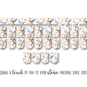 May include: Hummingbird and floral design steno machine keycaps. The keycaps feature a watercolor design of hummingbirds, flowers, and leaves in shades of pink, blue, and green. The text "Adding a touch of fun to your steno machine since 2019" is also visible.