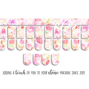 May include: Floral steno machine key stickers in shades of pink, peach, and yellow. The stickers have a watercolor effect and are arranged on a white background. Text at the bottom reads "Adding a touch of fun to your steno machine since 2019."