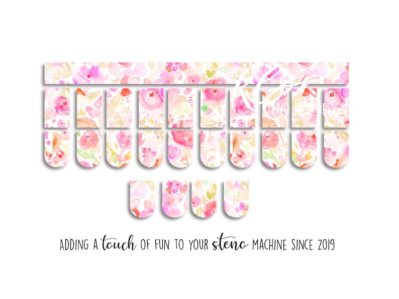 May include: Floral steno machine key stickers in shades of pink, peach, and yellow. The stickers have a watercolor effect and are arranged on a white background. Text at the bottom reads "Adding a touch of fun to your steno machine since 2019."