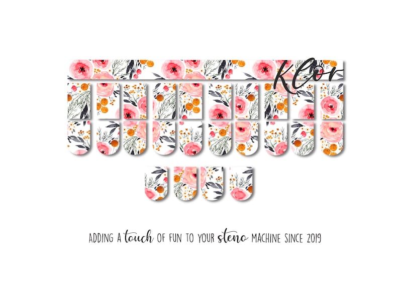 May include: Floral nail art stickers with a watercolor design featuring pink roses, green leaves, and orange accents. The word "Klor" is written in black script. The text "Adding a touch of fun to your steno machine since 2019" is also included.