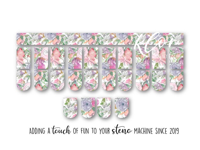 May include: Floral nail wraps in a watercolor style, featuring pink, purple, and green flowers on a white background. The design includes a strip for the top of the nail and individual wraps. Text at the bottom reads "Adding a touch of fun to your steno machine since 2019."