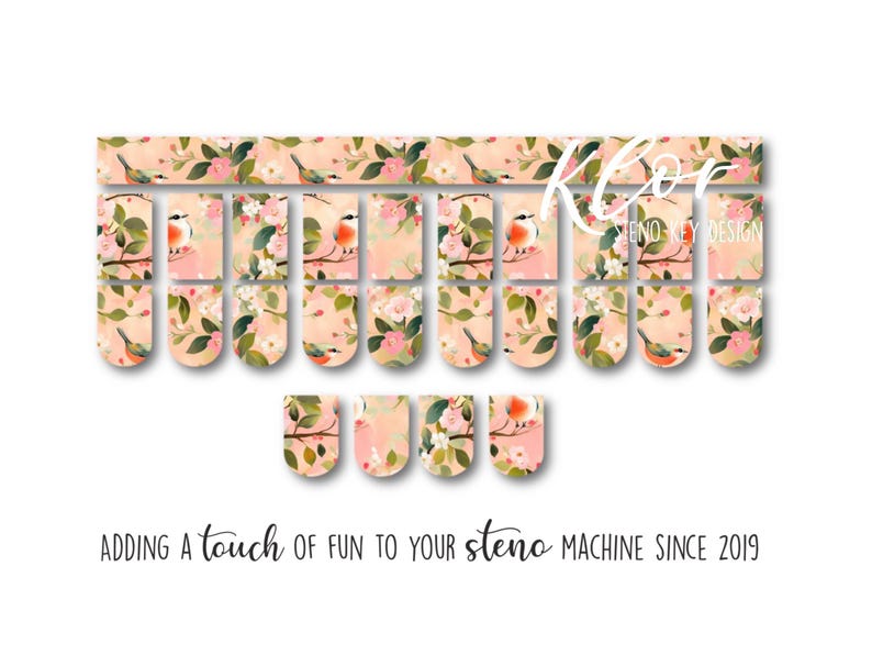 May include: Floral steno machine key stickers with a bird and flower design. The stickers have a peach background with pink flowers and green leaves. The text "Adding a touch of fun to your steno machine since 2019" is at the bottom.