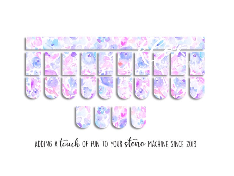 May include: Floral-patterned steno machine key covers in shades of purple, blue, and pink. The design features watercolor-style flowers. Text at the bottom reads: "Adding a touch of fun to your steno machine since 2019."