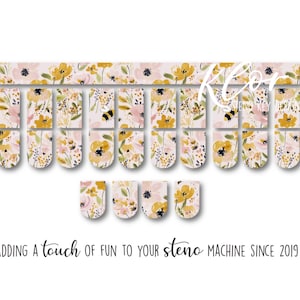 May include: Floral steno machine key stickers with yellow and pink flowers, and a few bees. The text "Adding a touch of fun to your steno machine since 2019" is at the bottom.