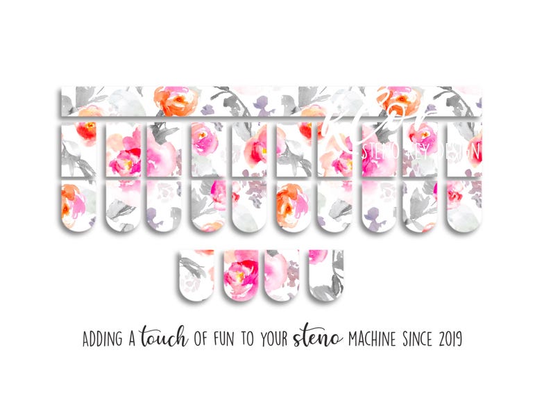 May include: Floral-themed steno machine key covers with a watercolor design. The keys feature pink, orange, and gray floral patterns on a white background. The text "Adding a touch of fun to your steno machine since 2019" is also visible.