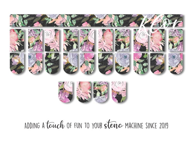 May include: Floral-themed steno machine keycaps in various sizes. The keycaps feature watercolor-style flowers in pink, purple, and green on a black background. The text "Adding a touch of fun to your steno machine since 2019" is also visible.
