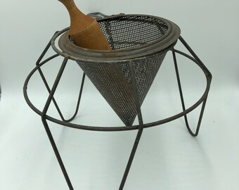 Metal Strainer Farm House Rustic Kitchen Decor Vintage Cone Shape Fruit Strainer /& Wooden Tool Sieve Colander USSR Aluminum Funnel