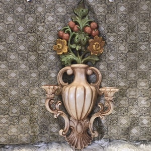 Vintage candlestick holder, Mid Century, Retro, Plastic, floral, flowers, bouquet, candle, candies, wall hanging, Farmhouse, Decor
