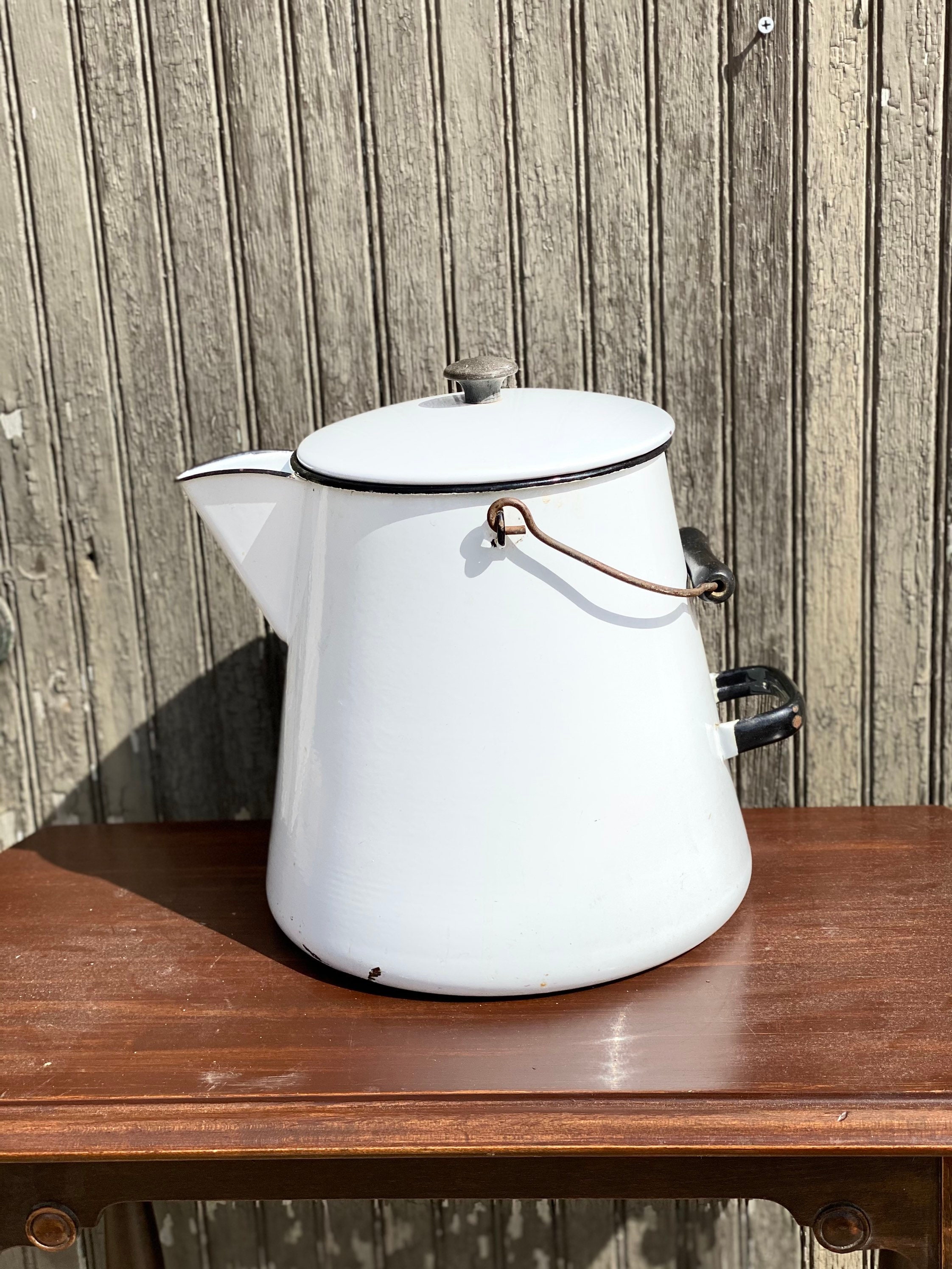 Vintage White Coffee Pot Enamel Enamelware Country Kitchen Etsy