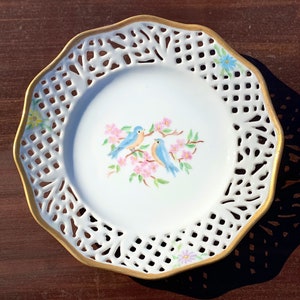 Vintage Plate, Decorative, Hand Painted, Birds, White, China, Farmhouse, Decor