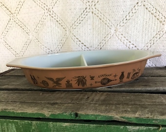 Vintage Pyrex Dish, Casserole Dish, Brown, Glass, Divided, Early American