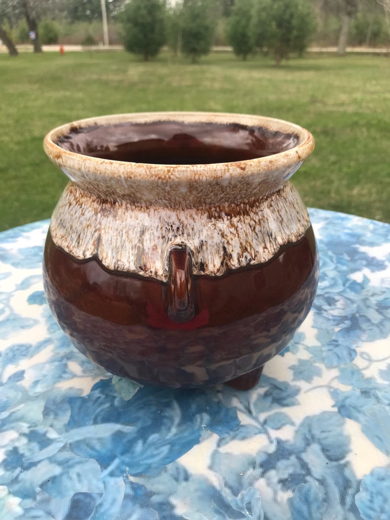 USA Vase Planter Vintage Brown Drip Stoneware Flower Pot