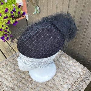 Vintage Pill Box Hat, Black, Fascinator, Womens, Hat, Formal image 1