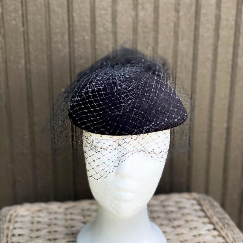 Vintage Pill Box Hat, Black, Fascinator, Womens, Hat, Formal image 2